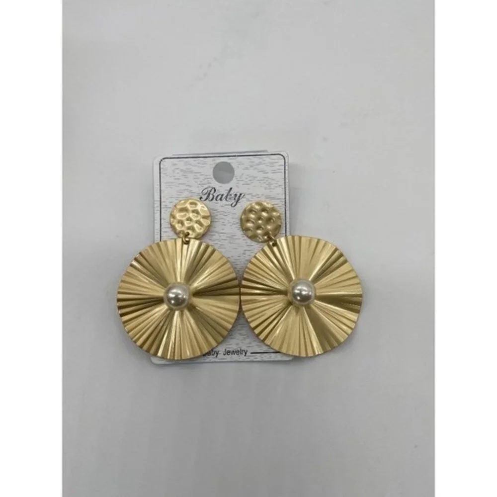 Baby Jewelry Drop Earrings Women OS Gold Hammered Faux Pearl Retro Boho